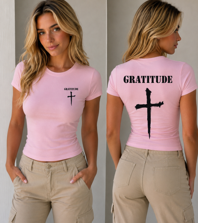 Plain Pink Bamboo Ultra Soft T-shirt Gratitude with Nail Cross logo.