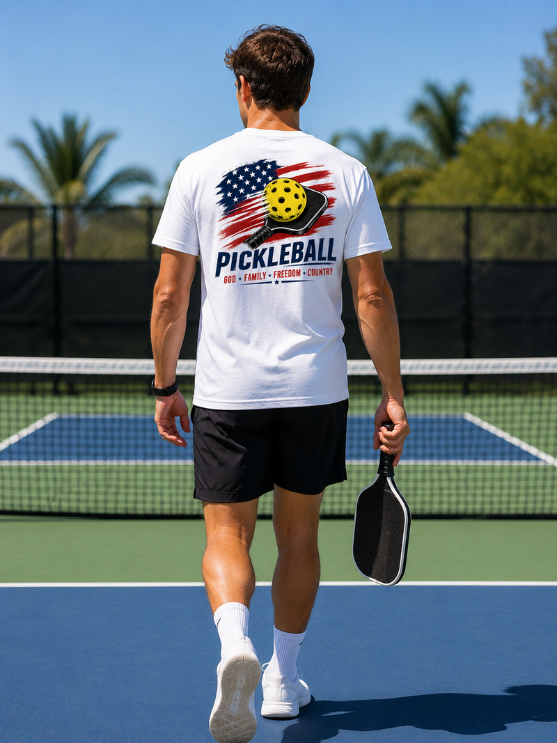 God Family Freedom pickleball graphic T shirt from Bamboo Living Co.