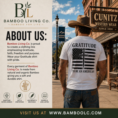 Short sleeve white Bamboo Ultra Soft T-shirt Gratitude with Nail Cross logo.