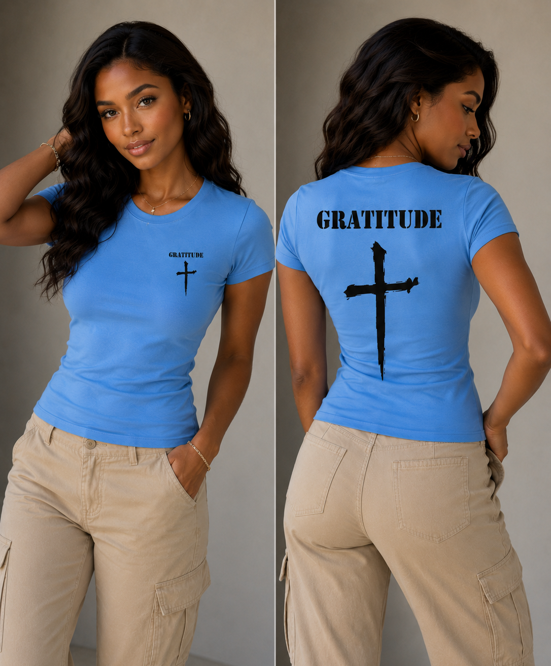 Blue Bamboo Ultra Soft T-shirt Gratitude with Nail Cross logo.