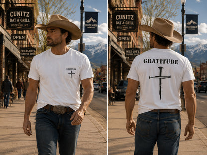 White Bamboo Ultra Soft T-shirt Gratitude with Nail Cross logo.