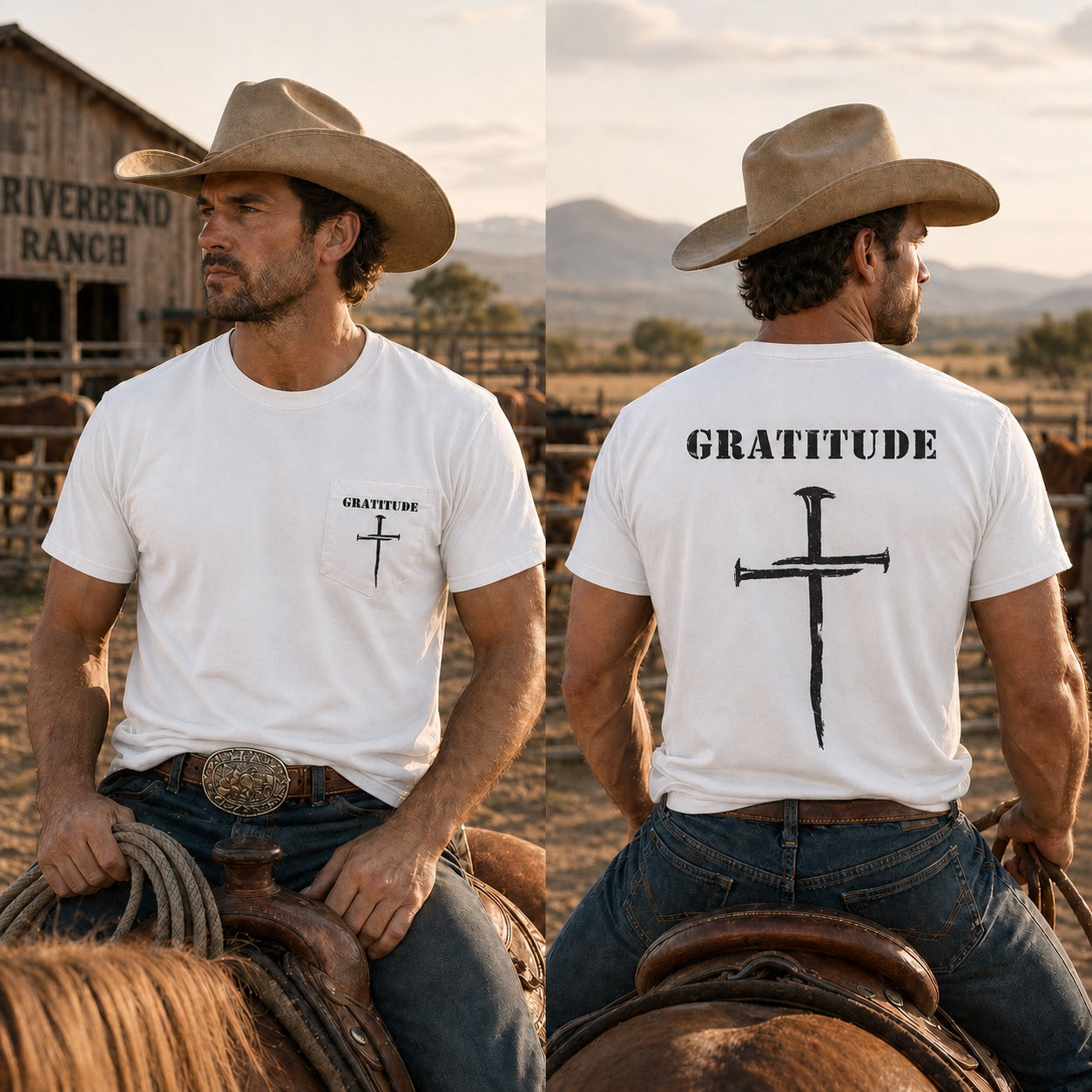 Short sleeve white Bamboo Ultra Soft T-shirt Gratitude with Nail Cross logo.