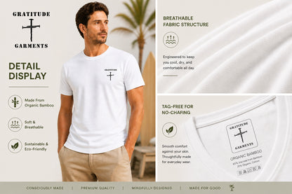 Short sleeve white Bamboo Ultra Soft T-shirt Gratitude with Nail Cross logo.