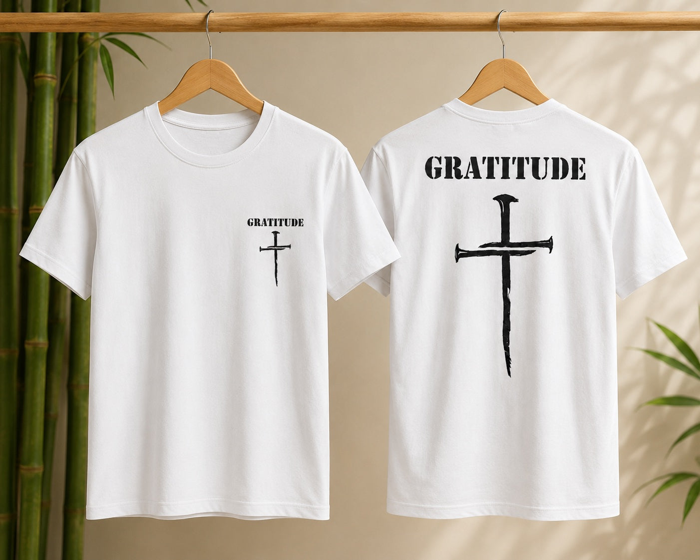 White Bamboo Ultra Soft T-shirt Gratitude with Nail Cross logo.