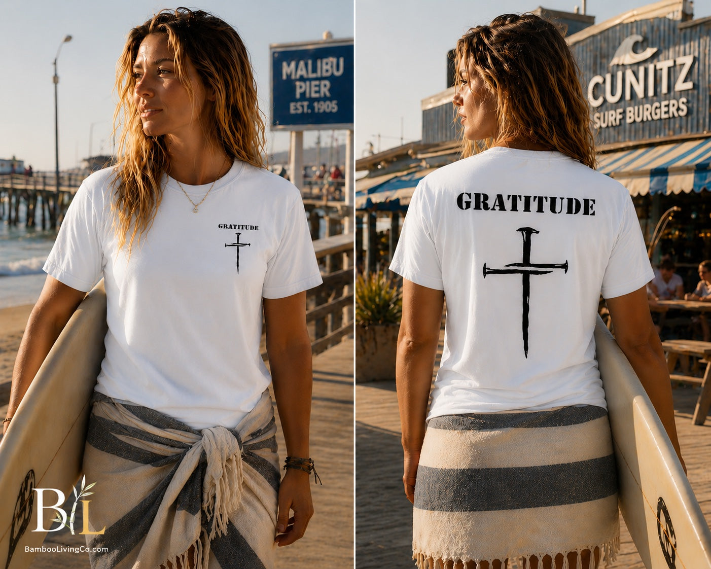 White Bamboo Ultra Soft T-shirt Gratitude with Nail Cross logo.