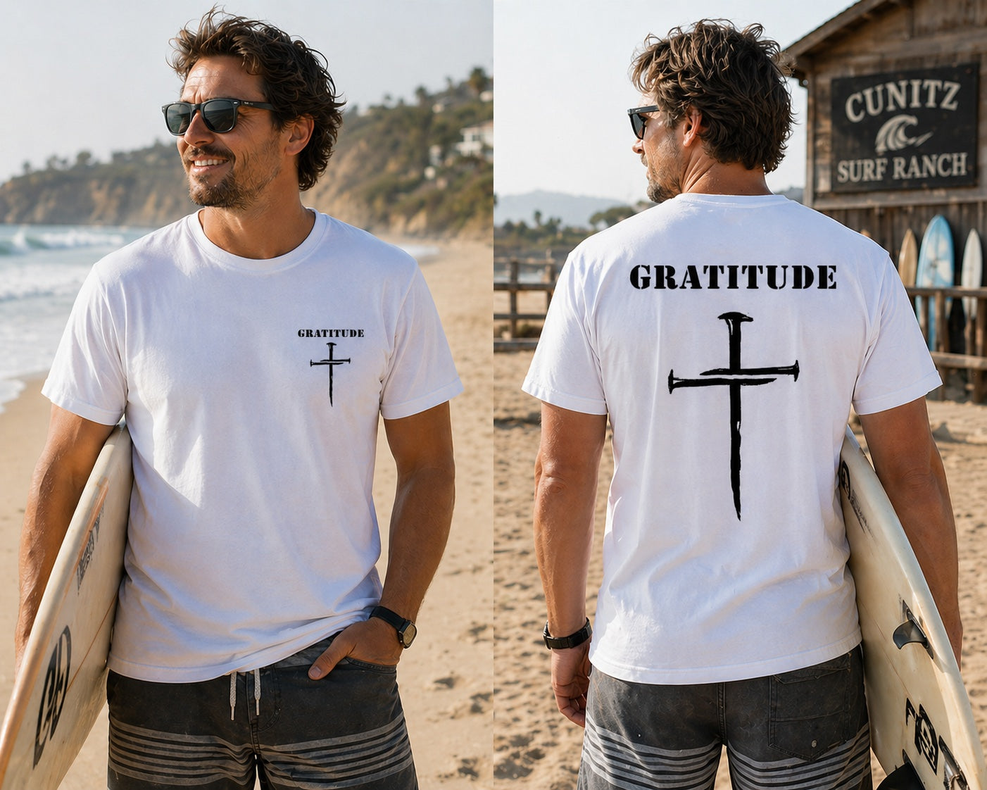 Short sleeve white Bamboo Ultra Soft T-shirt Gratitude with Nail Cross logo.