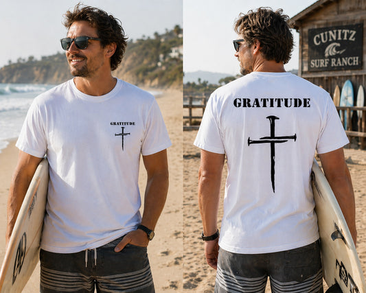 Short sleeve white Bamboo Ultra Soft T-shirt Gratitude with Nail Cross logo.
